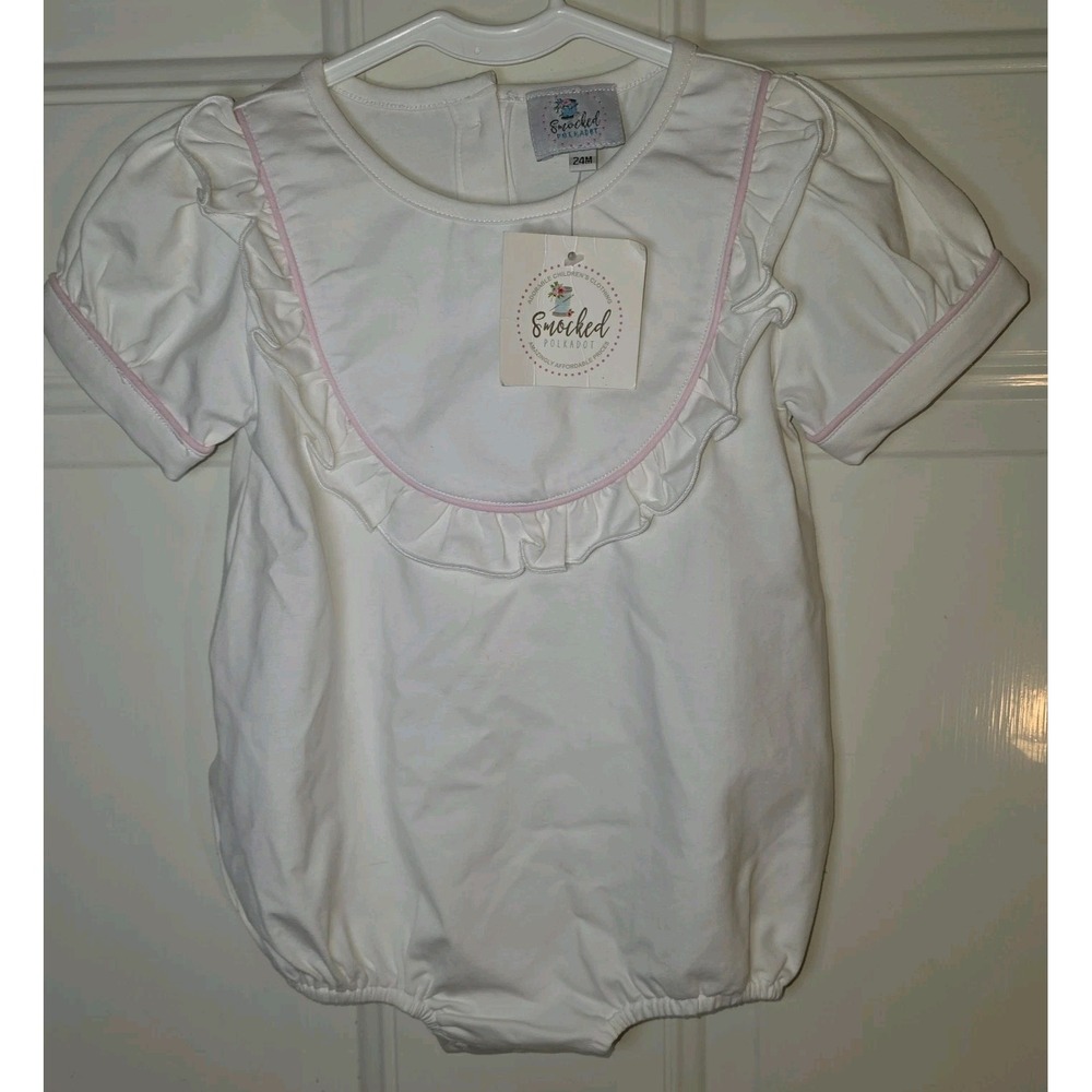 NWT Smocked Polkadot Bubble Romper Girl's Size 24 Mo Ready For Personalization